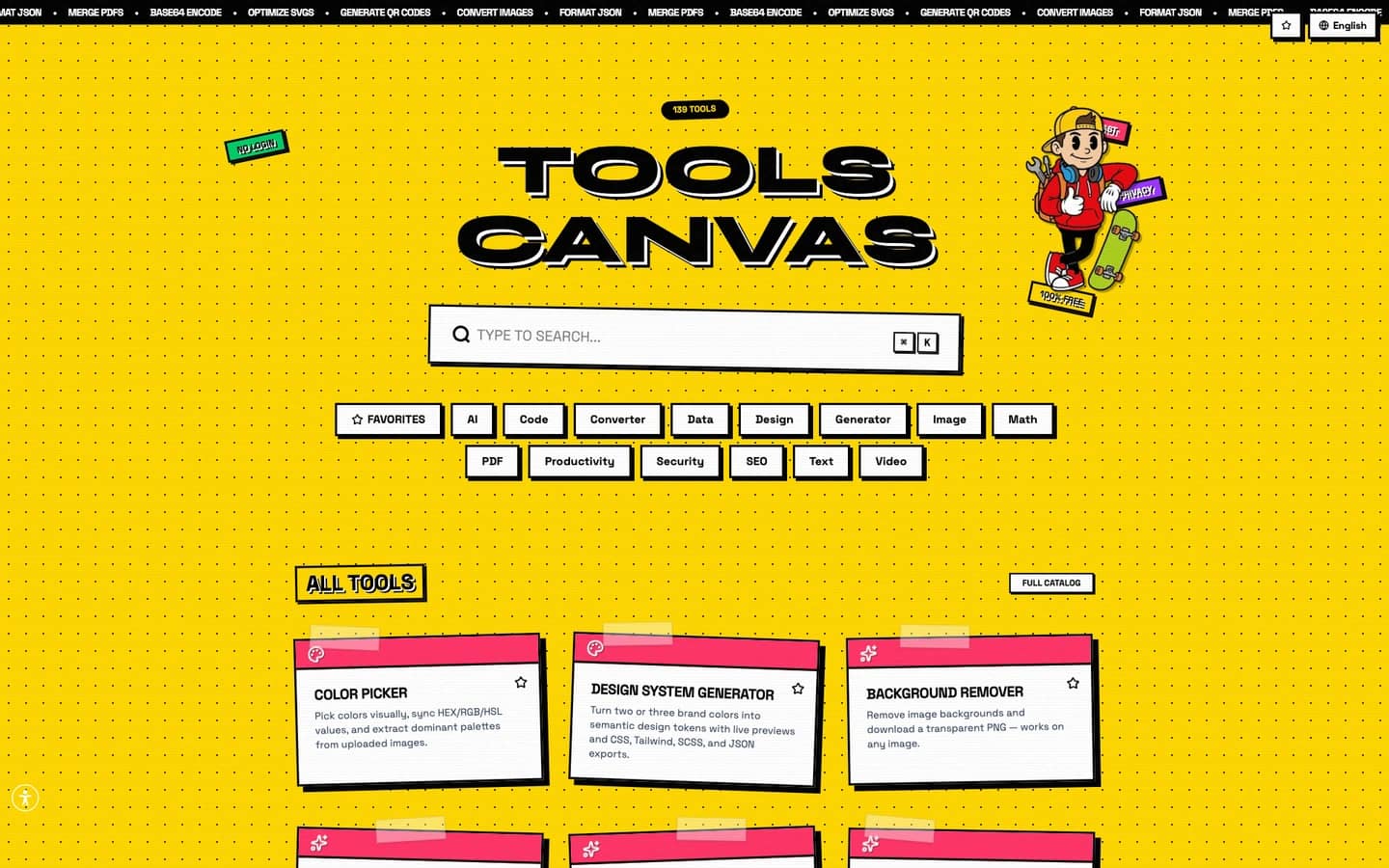 דף הבית הצהוב של Tools Canvas, עם חיפוש, קטגוריות וכרטיסי כלים