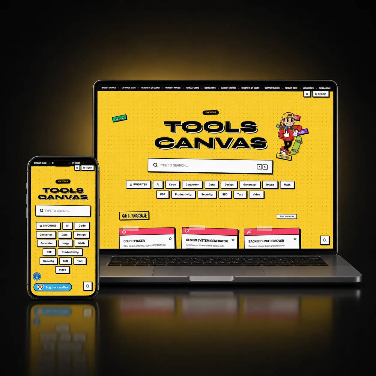 דף הבית של Tools Canvas עם רשת הכלים הזמינים לשימוש